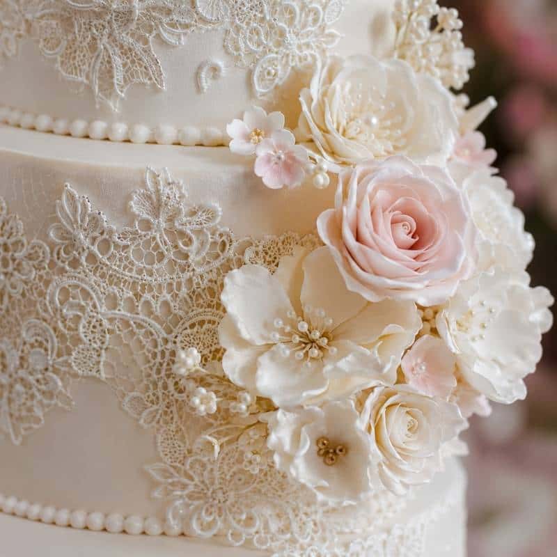 Torta de Boda Estructura artística para torta de boda civil con encaje comestible en Lima